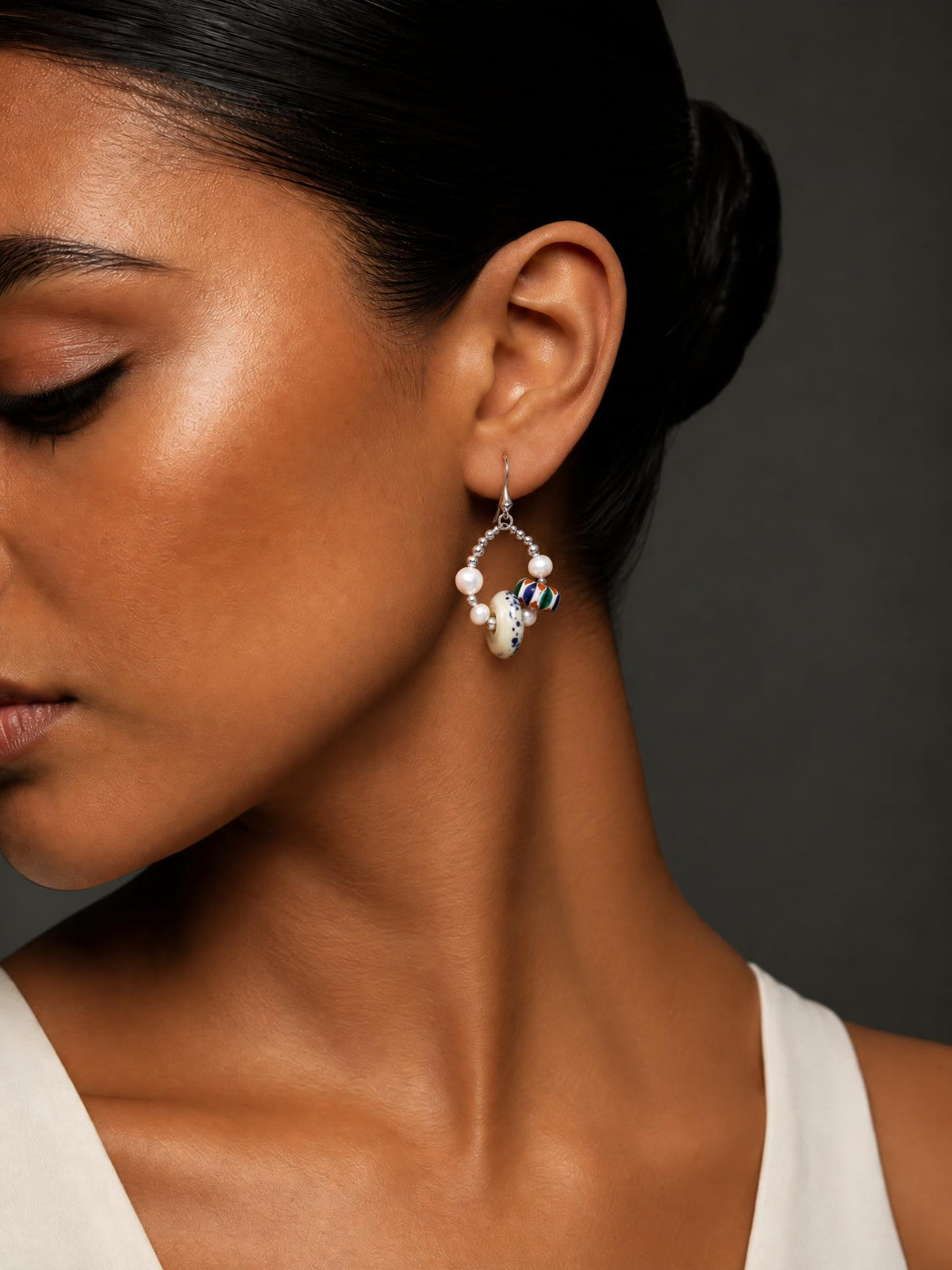 Himalayan Glass Pearl Silver Earrings worn by a model