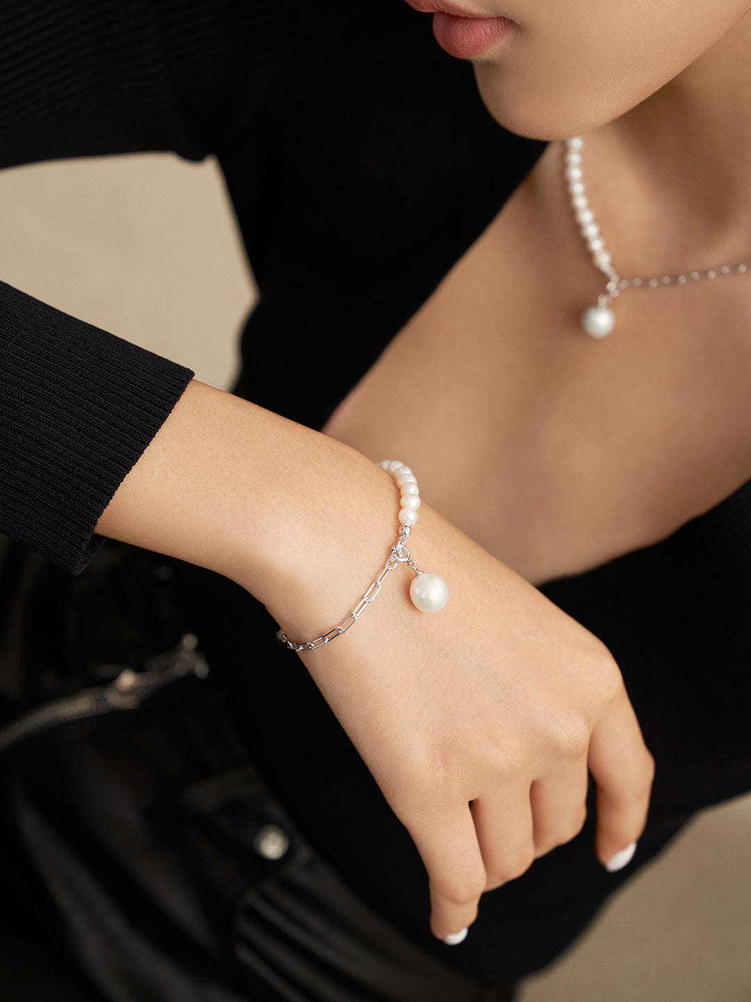Pearl & Link Silver Bracelet worn by a model