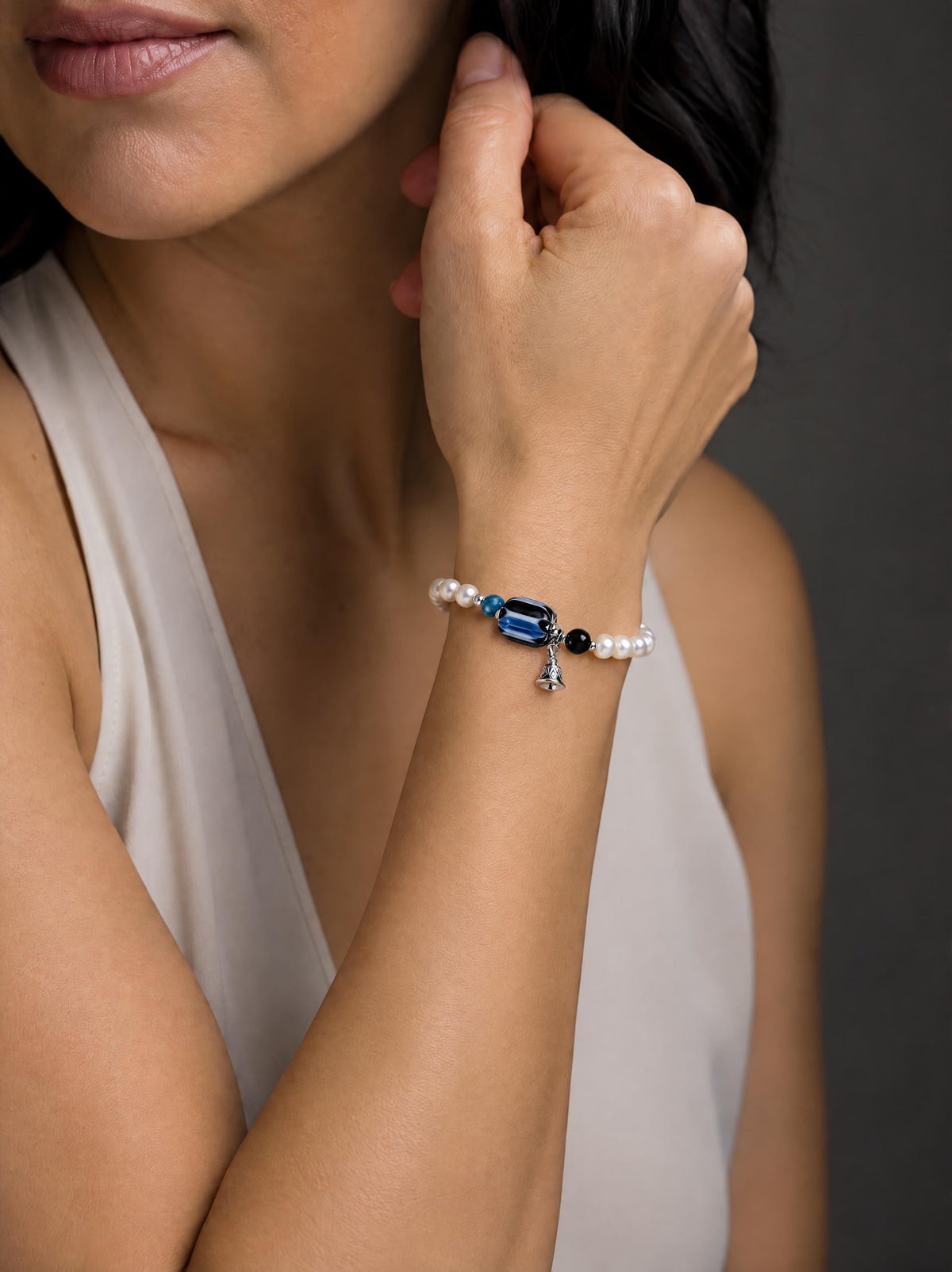 Midnight Blue Himalayan Glass Silver Bracelet worn by a model